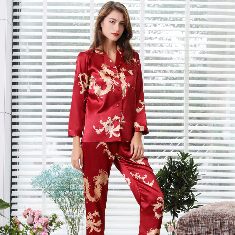 Simulated silk couple sleepwear new long sleeved set men's and women's V-neck silk printed dragon and phoenix home clothes