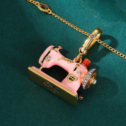 Enamel Three Dimensional Butterfly Knot Pink Sewing Machine Pendant Necklace
