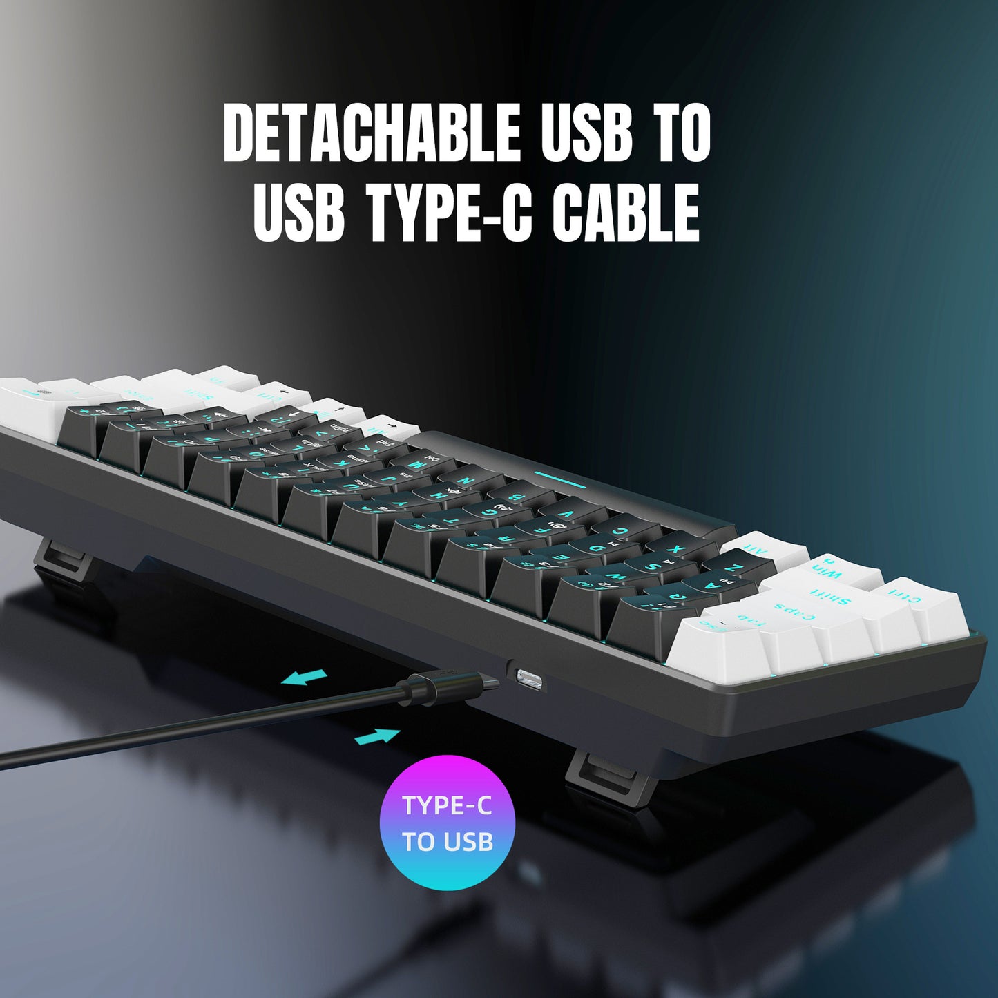 Mechanical keyboard 61 key short style small keyboard for office typing, black and white dual splicing ice blue backlit blue axis gaming keyboard