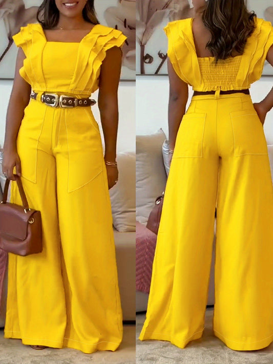 Women'S Yellow Off-Shoulder Ruffle Top & High-Waisted Wide-Leg Pants - Casual Square Neck, Solid Color, Spring/Summer Style, No Belt Needed, Casual Attire|Ruffle Detail|Square Neckline