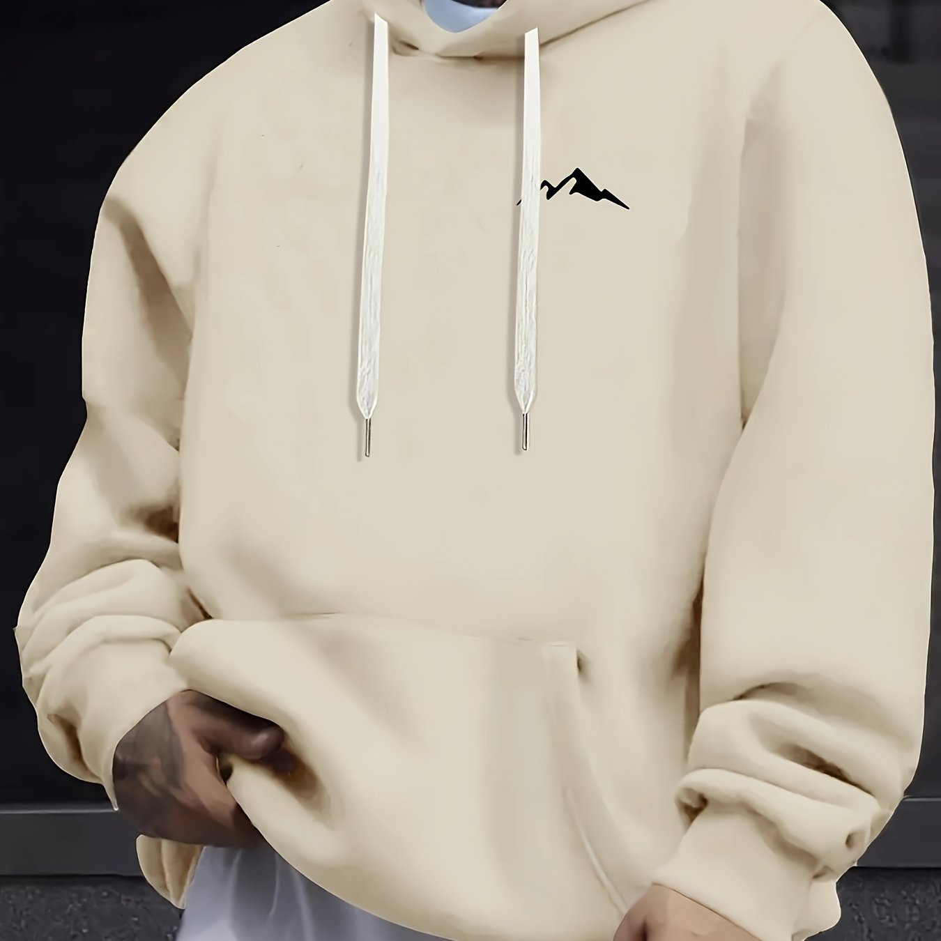 Men'S Casual Polyester Hoodie with Mountain Icon Print, Long Sleeve Hooded Sweatshirt, Trendy All-Season Knit Fabric Top with Drawstring, Regular Fit - 100% Polyester, 190g/m²