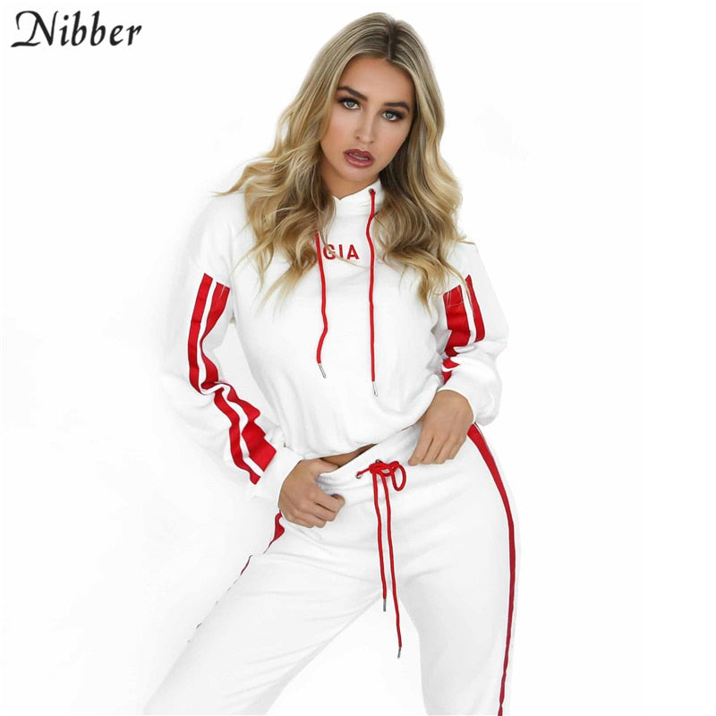 Nibbe spring Autumn fashion women Sportswear 2 piece set women White Red Active Wear Casual Sweat Pants Hooded Sweatshirt Hoodie