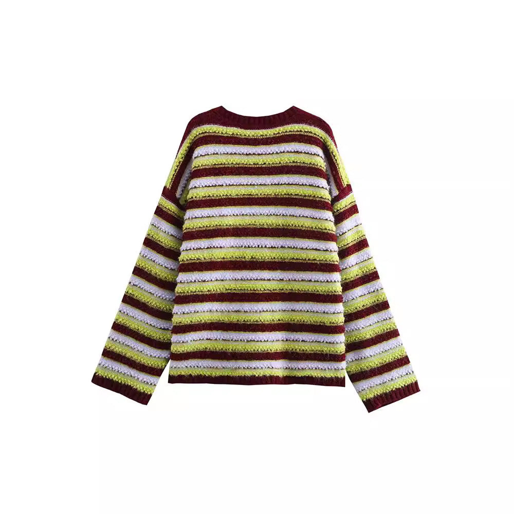 Retro loose lazy contrasting striped looped chicken neckline V-knit sweater