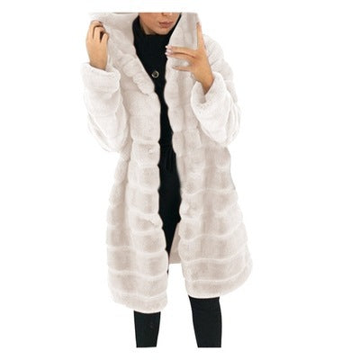 European and American medium to long solid color loose plush hooded coat imitating fur for autumn and winter warm jacket