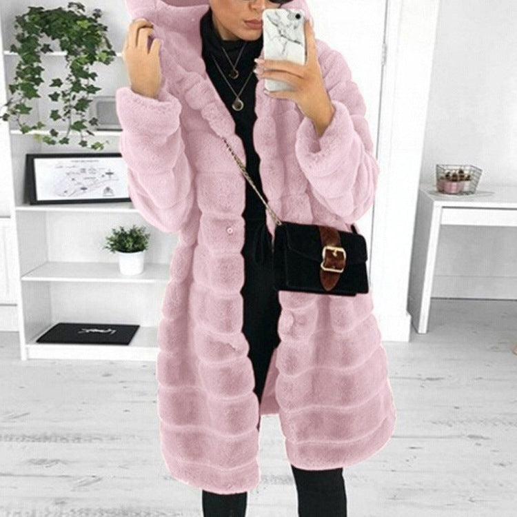 European and American medium to long solid color loose plush hooded coat imitating fur for autumn and winter warm jacket