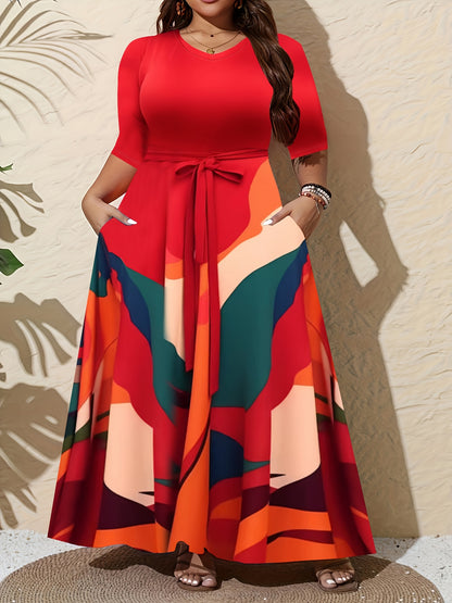 Plus Size Women'S Elegant V-Neck Dress with Contrast Print, 3/4 Sleeve Long Tunic Dress with Pockets and Adjustable Waist Belt - Perfect for Casual Outings, Spring/Summer/Fall, Casual Outing Attire|Vibrant Print Dress|Pockets