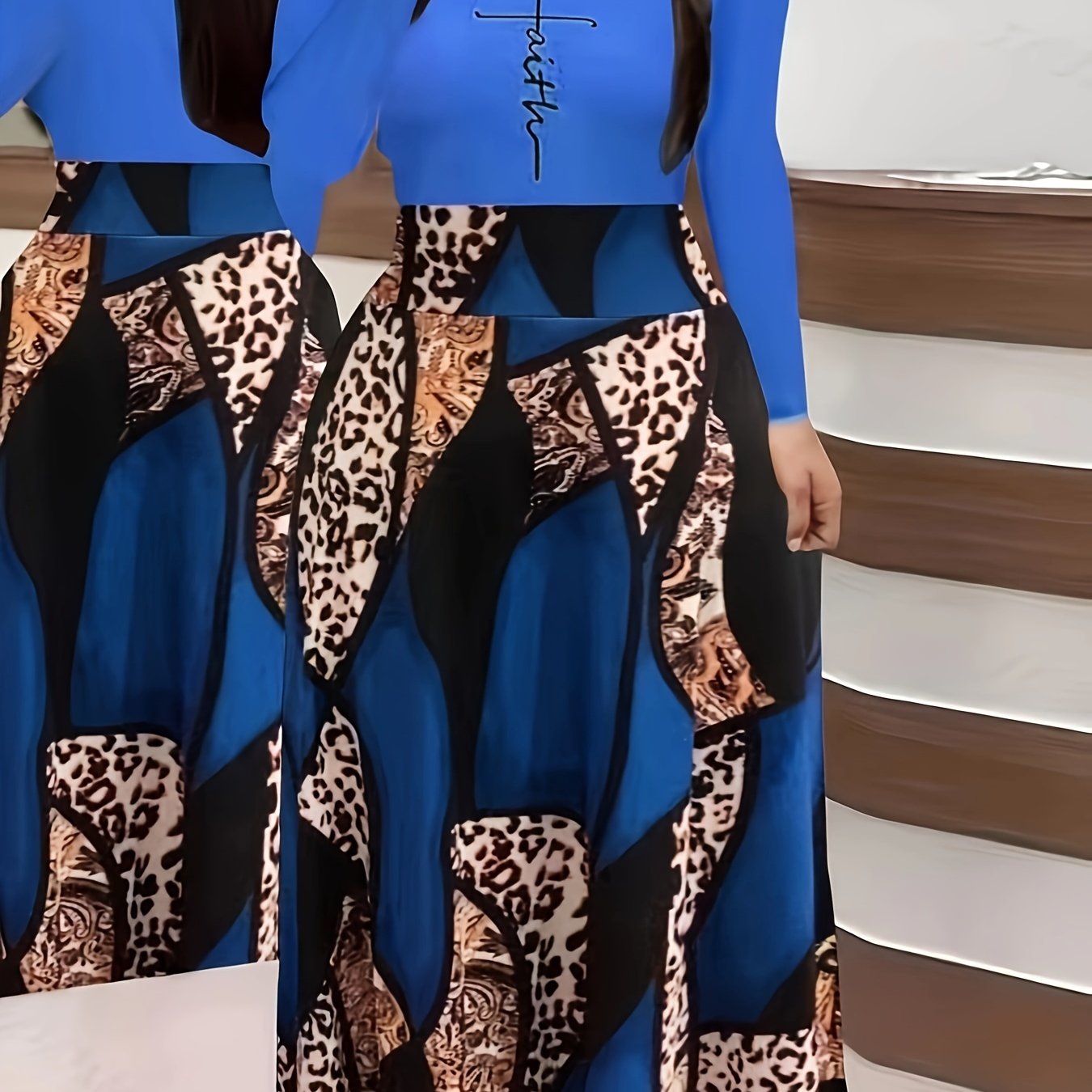 & Geo Print Dress, Casual Long Sleeve Ruffle Hem Slim Maxi Dress, Women's Clothing