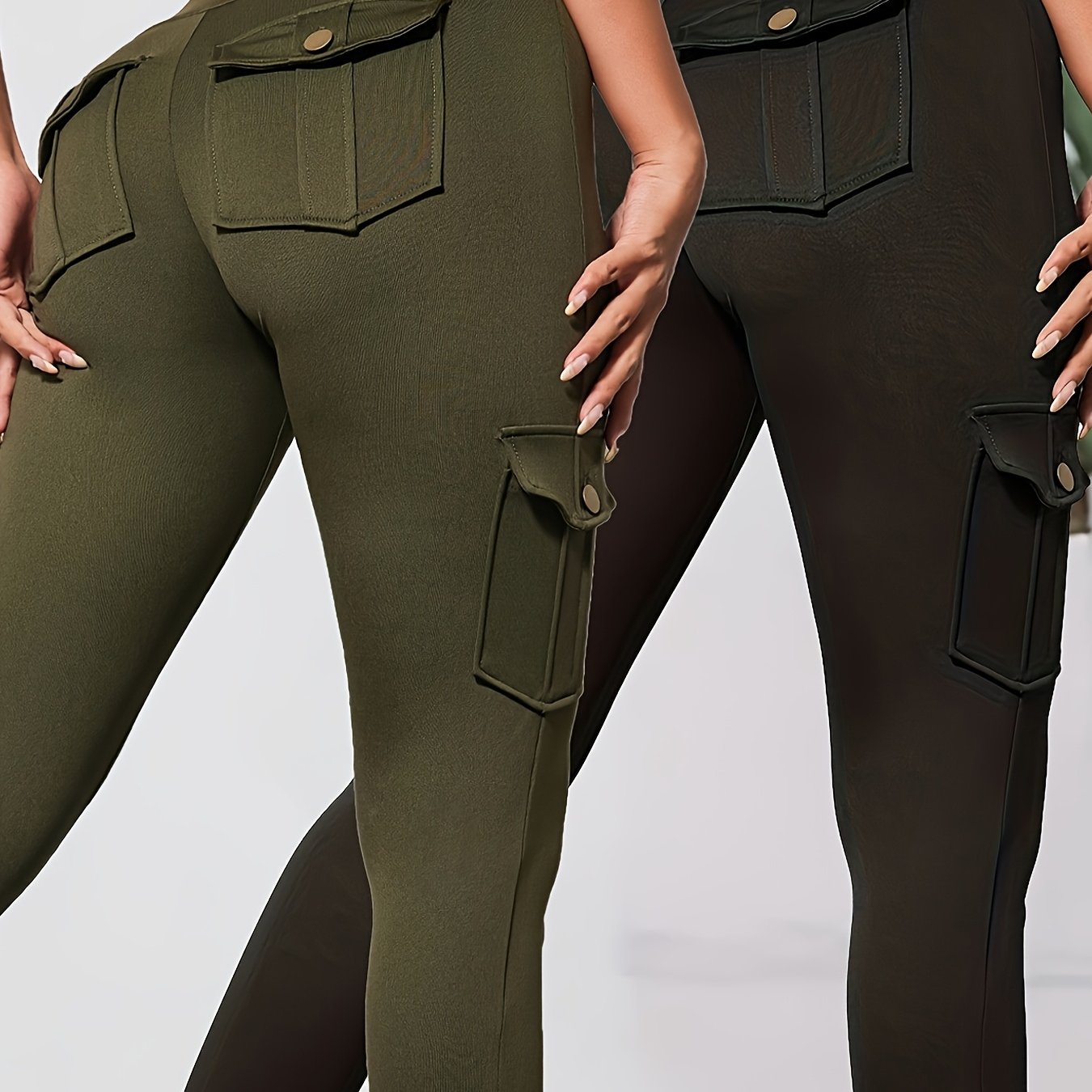 2pcs Women'S Cargo Leggings with Side Pockets - Olive Green & Black, Elastic Waistband, Mid-Rise, Stretchy Polyester Blend, Perfect for Outdoor & Casual Wear, Spring/Summer Collection, Versatile Clothing | Side Pocket Legging