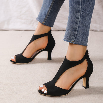 Chic Womens Peep Toe High Heel Sandals - Stylish T-strap, Comfortable Chunky Heel, Zipper Closure - Timeless Black for Versatile Wear
