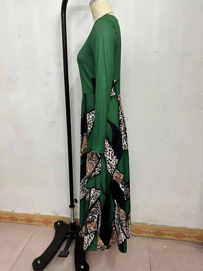 & Geo Print Dress, Casual Long Sleeve Ruffle Hem Slim Maxi Dress, Women's Clothing