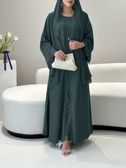 2pcs Set of Muslim Abaya with Lace Sleeveless Vest Skirt, Headscarf, and Headscarf, Ramadan Fashion