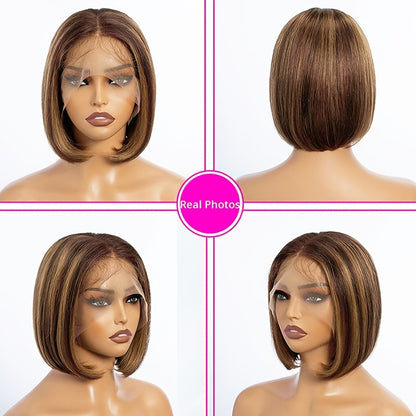 Highlight 4/27 Bob Wig Human Hair 13x4 Lace Front Wig Straight Hair Pre Plucked with Baby Hair 4/27 Honey Blonde Bob Wig for Women Glueless Straight Bob Wig 25.4 cm