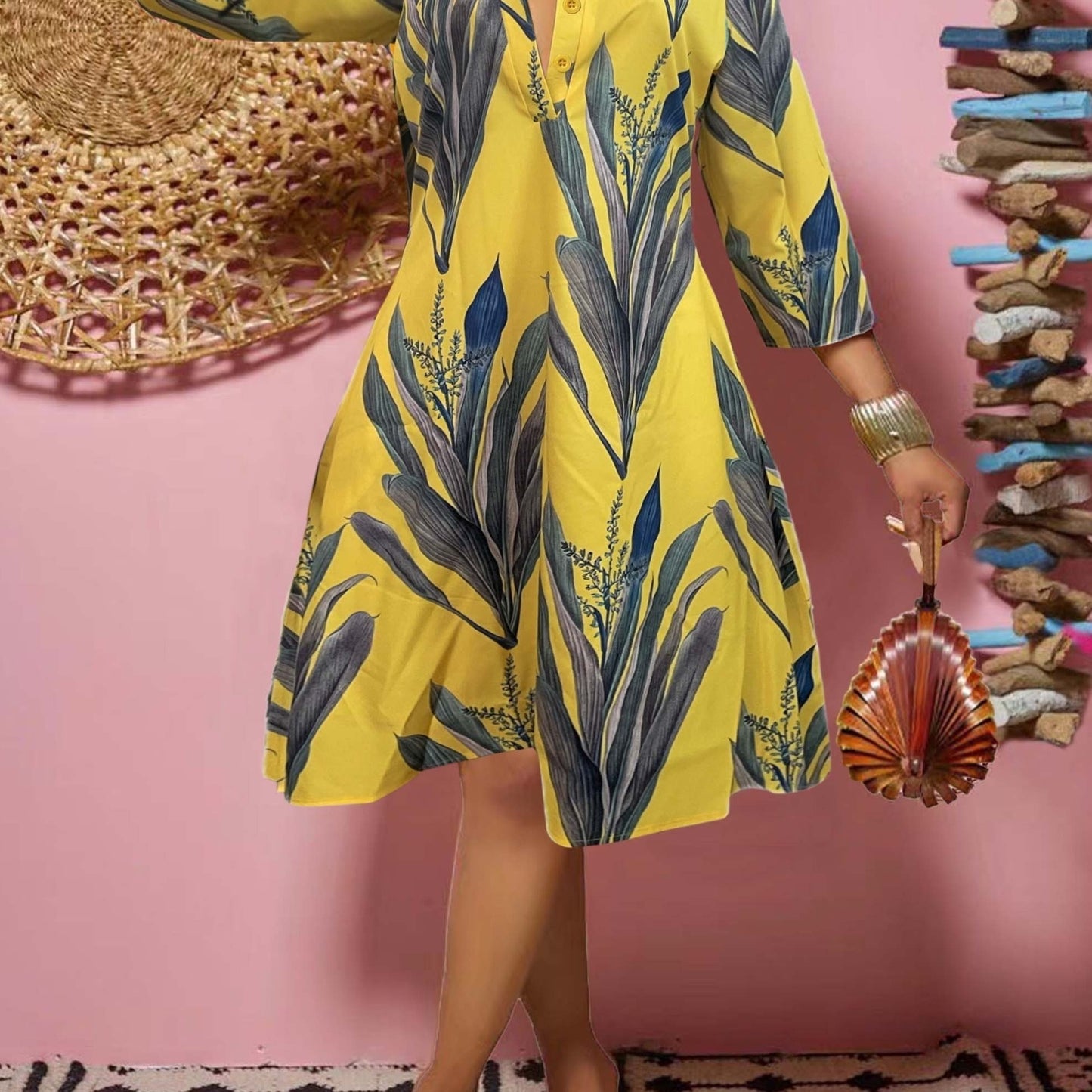 Leaf Print Half Button Dress, Casual 3/4 Sleeve Trapeze Dress For Spring & Fall, Women's Clothing