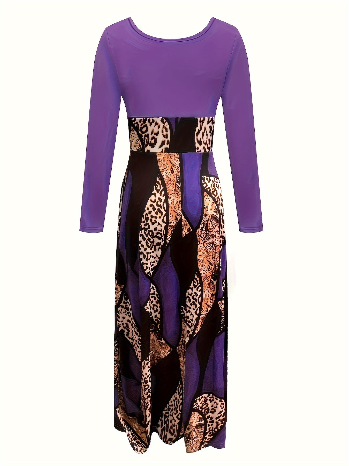 & Geo Print Dress, Casual Long Sleeve Ruffle Hem Slim Maxi Dress, Women's Clothing