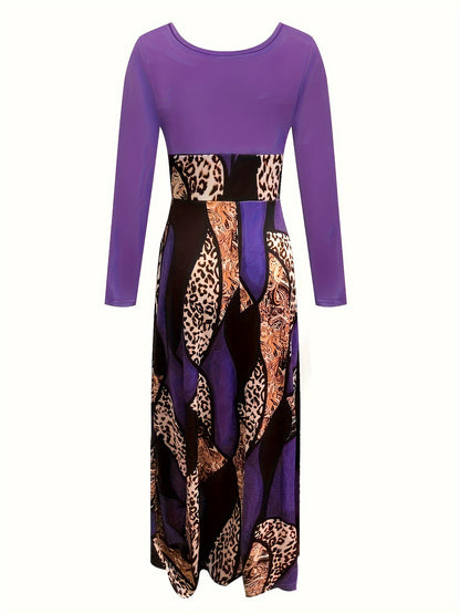 & Geo Print Dress, Casual Long Sleeve Ruffle Hem Slim Maxi Dress, Women's Clothing