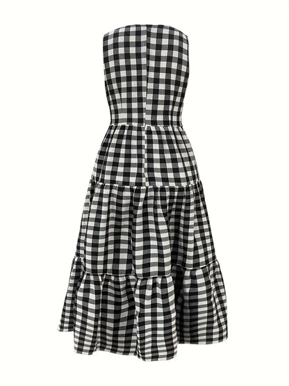 2025 New Summer Elegant Plaid Dress, Sleeveless Round Neck High Waist Multi-Layer Skirt, and Graceful, Casual Summer Wear for Vacation and Dates