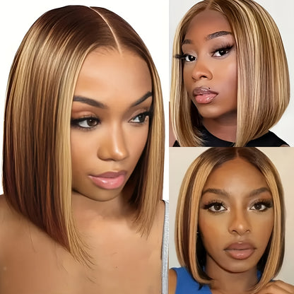Short Bob Wig for Women & - Natural-Looking Body Wave Synthetic Hair with Golden Brown/Blonde/Beige/Brunette Ombre, Heat-Resistant Fiber & Breathable Mesh Cap, Middle Part Short Cut Wig for Daily Wear, Suits All Beige Tones &