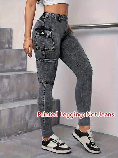 【imitation denim】[imitation Faux Denim][Faux Denim Print/Imitation Faux Denim] Women'S Non-Cow Faux Denim-Like Leggings - Stretchy Skinny Pants with Elastic Waistband, All-Season Tight Fit for Casual, Formal, Everyday Out