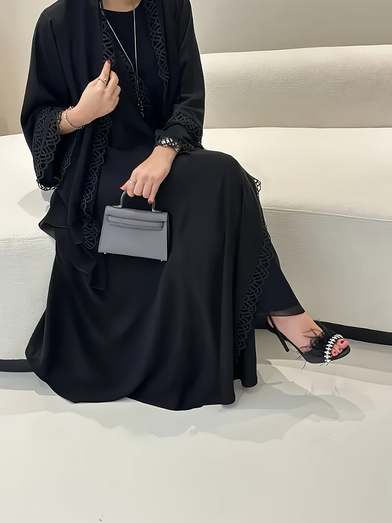 3pcs Elegant Muslim Women'S Abaya Set with Sleeveless Vest Skirt, Headscarf, and Belt - Black Lace Trim, Long Sleeve, Solid Color, All-Season Wear, Modest Fashion for Ramadan, Elegant Attire|Traditional Attire|Lace Trim Detai