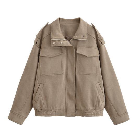 Suede textured pocket with PU baseball jacket for women