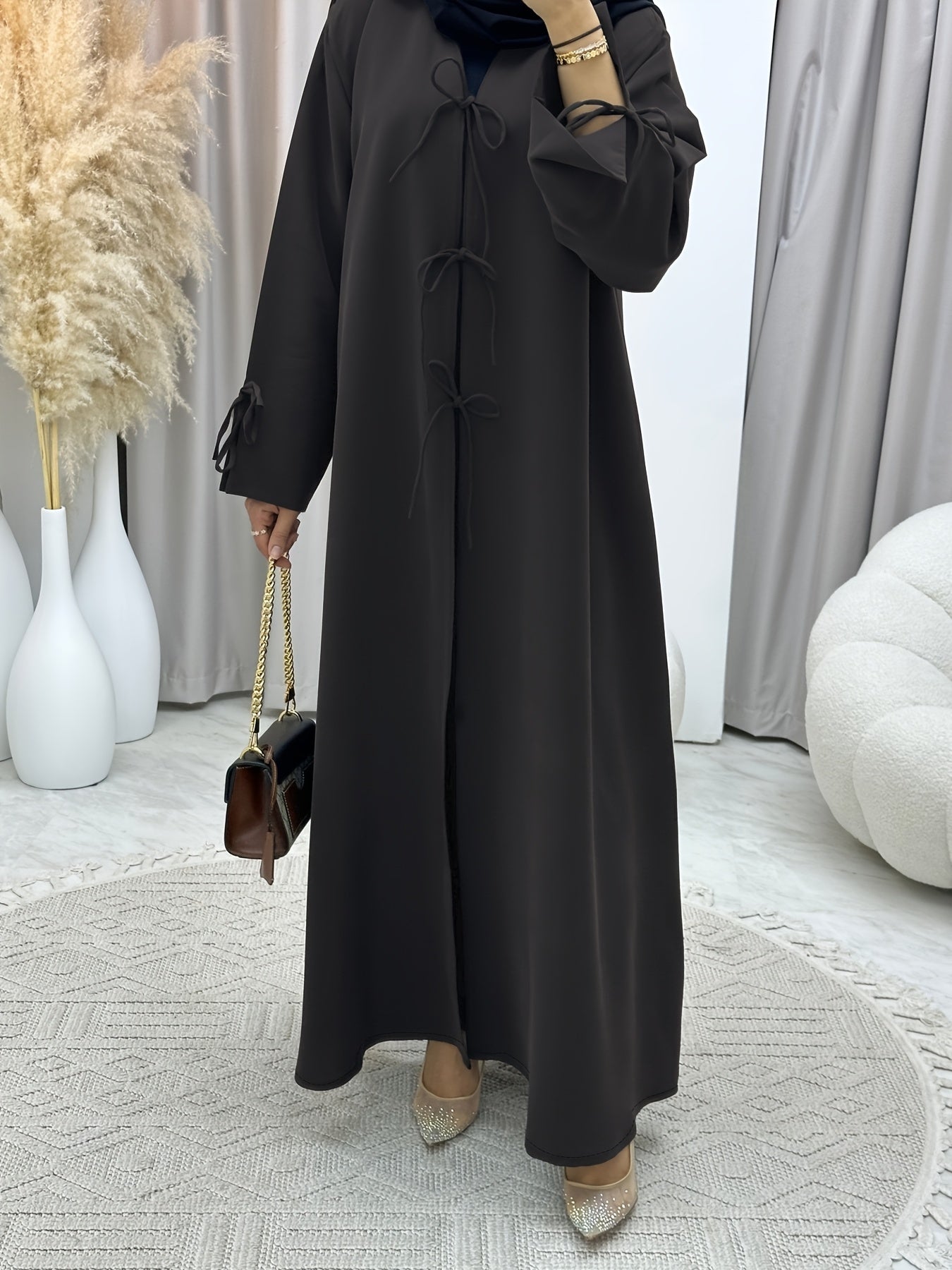 /Unisex Black Abaya Robe - Full-Length Islamic Dress with Adjustable Lace-Up Hooded Collar, Long Sleeve Traditional Muslim Gown for Hajj, Ramadan & Daily Wear - Machine Washable Loose Fit (No Stretch)