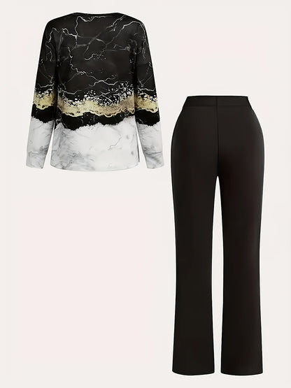 [Casual 2pcs Set] 2pcs Stylish Women's Casual Print Long Sleeve and Pants Set | Perfect for Daily Outdoors