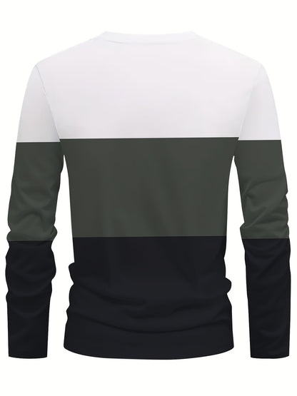 Men's Casual Color Block Long Sleeve T-Shirt, Crew Neck, Polyester Knit Fabric with Slight Stretch, Simple Random Print Design, Regular Fit Sports Base Layer Tops