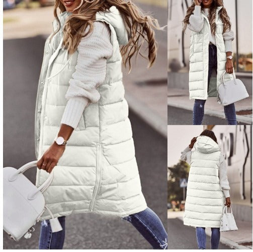 New Fashion Casual Solid Color Hooded Slim Fit Style Sleeveless Cardigan Mid length Cotton Coat