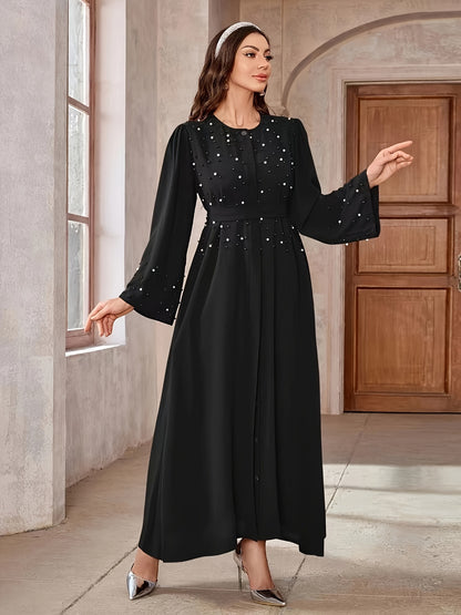 Elegant Navy Blue Abaya with Pearl Embellishments and Belt - Long Sleeve, Floor-Length Dress for Women, Perfect for Formal Occasions, Formal Attire|Elegant Abaya|Pearl Embellishments