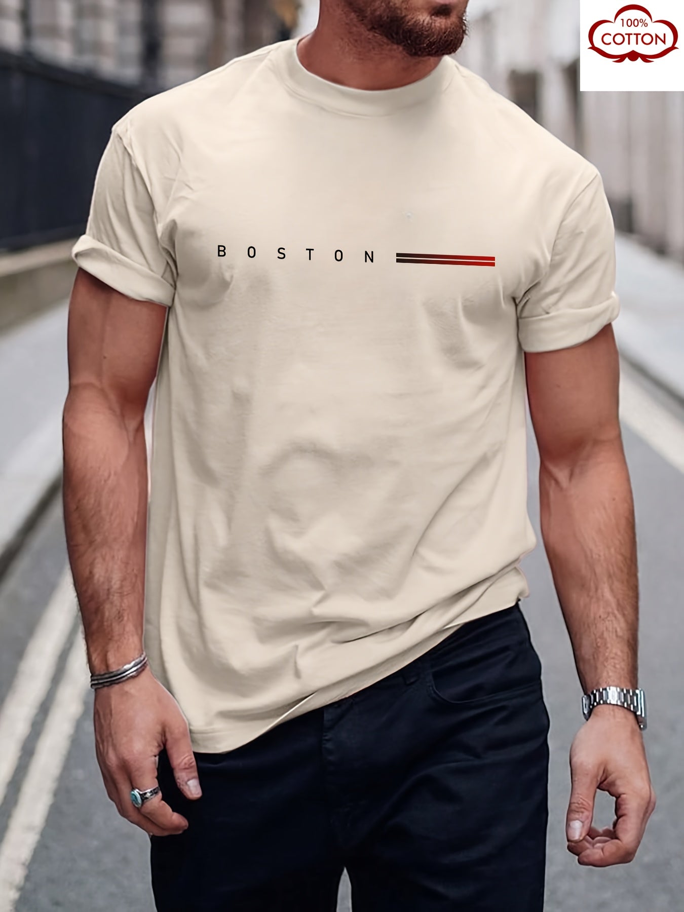 Men's 180gsm Heavyweight 100% Cotton T-Shirt with Boston Lettering Print - Casual Round Neck Short Sleeve, Regular Fit All-Season Comfort, White & Black Contrast Design for Everyday & Semi-Formal Wear - Boston-Themed Apparel