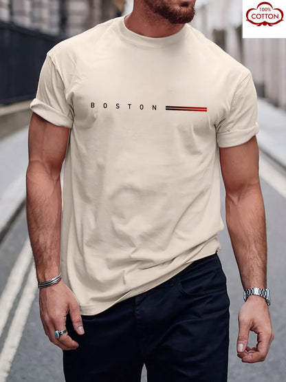 Men's 180gsm Heavyweight 100% Cotton T-Shirt with Boston Lettering Print - Casual Round Neck Short Sleeve, Regular Fit All-Season Comfort, White & Black Contrast Design for Everyday & Semi-Formal Wear - Boston-Themed Apparel