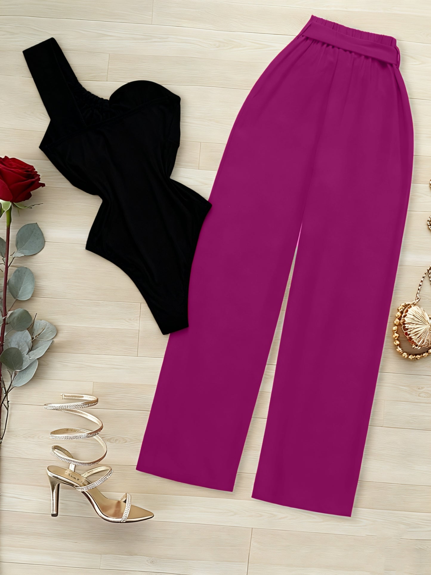 2pcs Set: White One-Shoulder Cinched Waist Bodysuit + Red Wide-Leg Pants with Tie | Elegant Solid Color, Sleeveless, Lace-Up Detail, Regular Fit for Spring/Summer