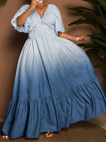 [Elegant Maxi Dress] Elegant Gradient Maxi Dress | Women's Deep V-Neck Lantern Sleeve A-Line Loose Fit with Zipper Back, Machine Washable for Vacation, Beach, Formal & Casual Occasions