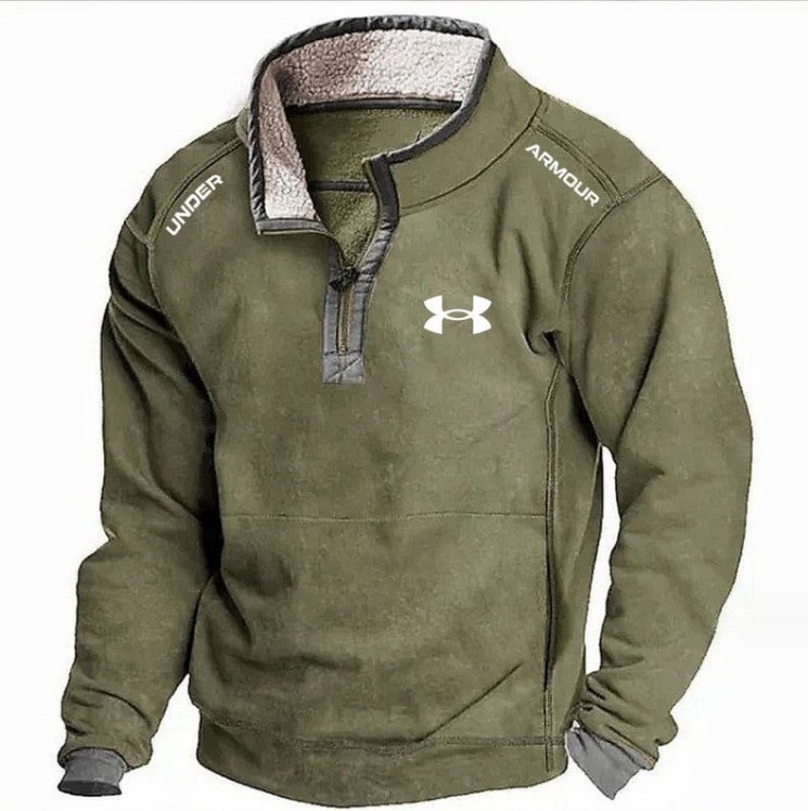 Men's Casual Hoodie with Stand Collar and Zipper Closure Fleece Lined Sweatshirt for Autumn and Winter