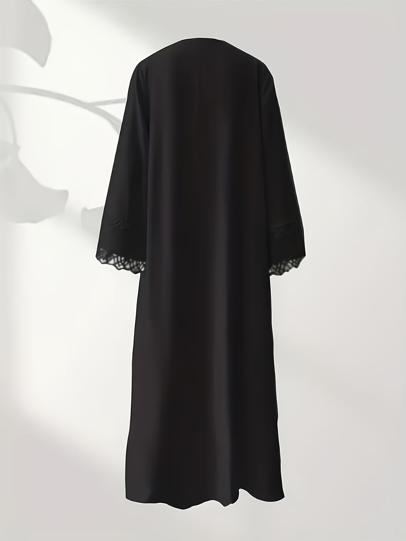 3pcs Elegant Muslim Women'S Abaya Set with Sleeveless Vest Skirt, Headscarf, and Belt - Black Lace Trim, Long Sleeve, Solid Color, All-Season Wear, Modest Fashion for Ramadan, Elegant Attire|Traditional Attire|Lace Trim Detai