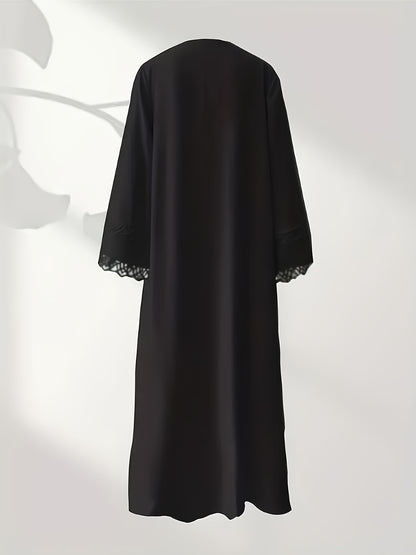 3pcs Elegant Muslim Women'S Abaya Set with Sleeveless Vest Skirt, Headscarf, and Belt - Black Lace Trim, Long Sleeve, Solid Color, All-Season Wear, Modest Fashion for Ramadan, Elegant Attire|Traditional Attire|Lace Trim Detai