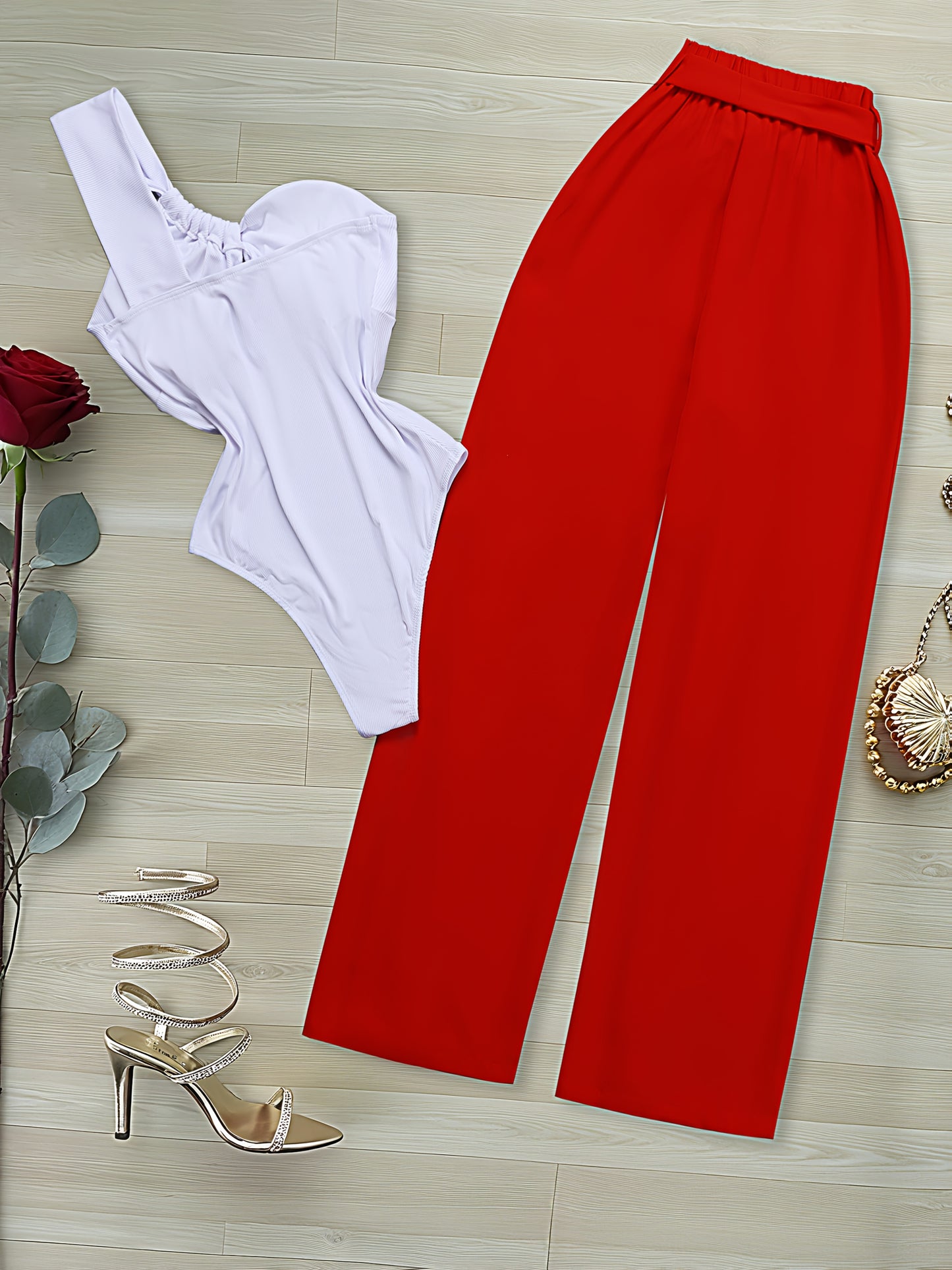 2pcs Set: White One-Shoulder Cinched Waist Bodysuit + Red Wide-Leg Pants with Tie | Elegant Solid Color, Sleeveless, Lace-Up Detail, Regular Fit for Spring/Summer