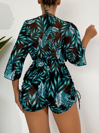 3-Piece Leaf Plant Print Bikini Sets, Triangle Halter Neck High Cut With Sheer Cover Up Drawstring Overall Swimsuit, Women's Swimwear & Clothing for Koningsdag/King's Day