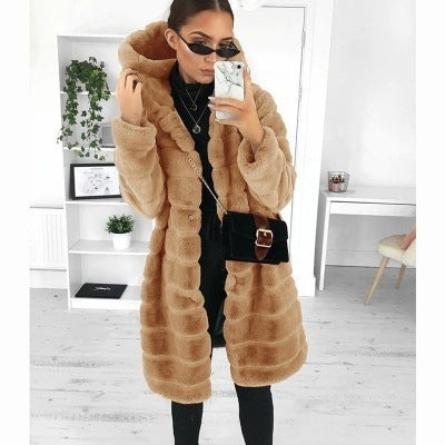 European and American medium to long solid color loose plush hooded coat imitating fur for autumn and winter warm jacket