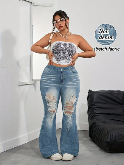 【imitation denim】Plus Size - [imitation Faux Denim]Plus Size - Women'S Plus Size High-Waisted Flared Pants - Non-Faux Denim Stretchy Trousers with Fake Pockets, All-Season Everyday & Formal Outfits - Elegant Blue Faux Den