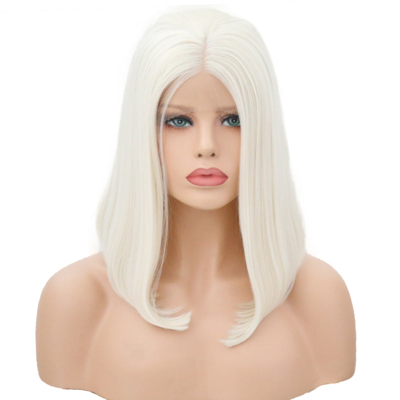 New Ladies 60# Front Lace Bobo Short Curly Lanting Pure White Hair Tail Slightly Curly Wig Headgear