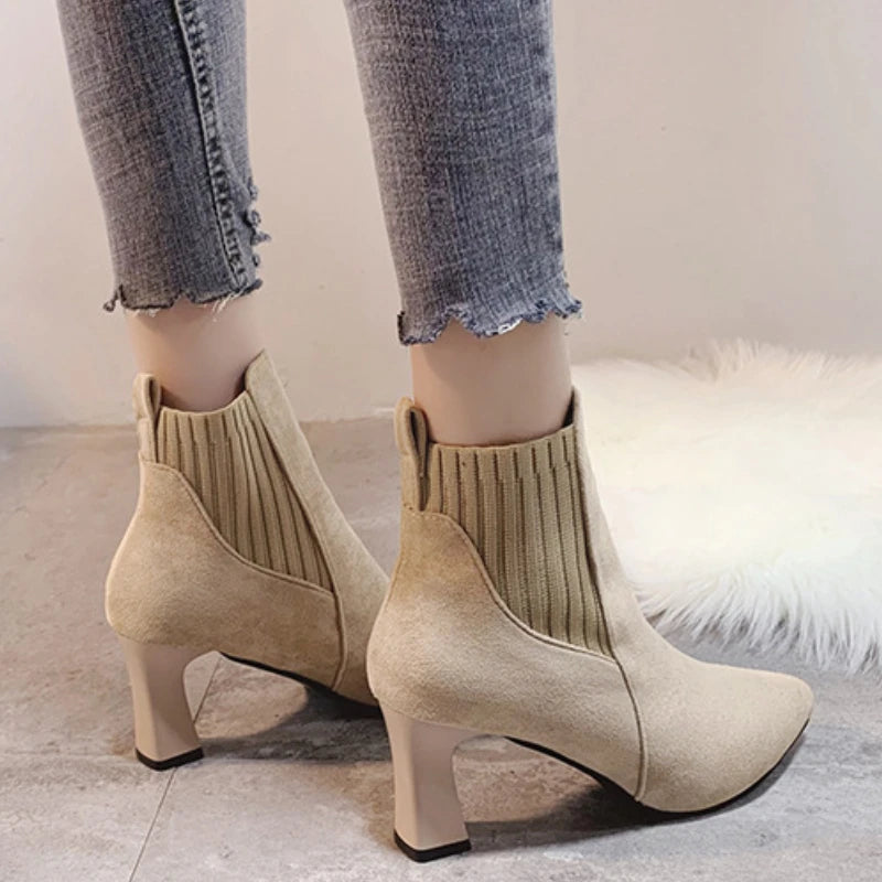 Ankle Boots Women Autumn Pointed Toe Knitted Warm Elastic Women's Shoes Shoes Casual High Heels Platform Boots