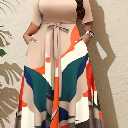 Plus Size Women'S Elegant V-Neck Dress with Contrast Print, 3/4 Sleeve Long Tunic Dress with Pockets and Adjustable Waist Belt - Perfect for Casual Outings, Spring/Summer/Fall, Casual Outing Attire|Vibrant Print Dress|Pockets