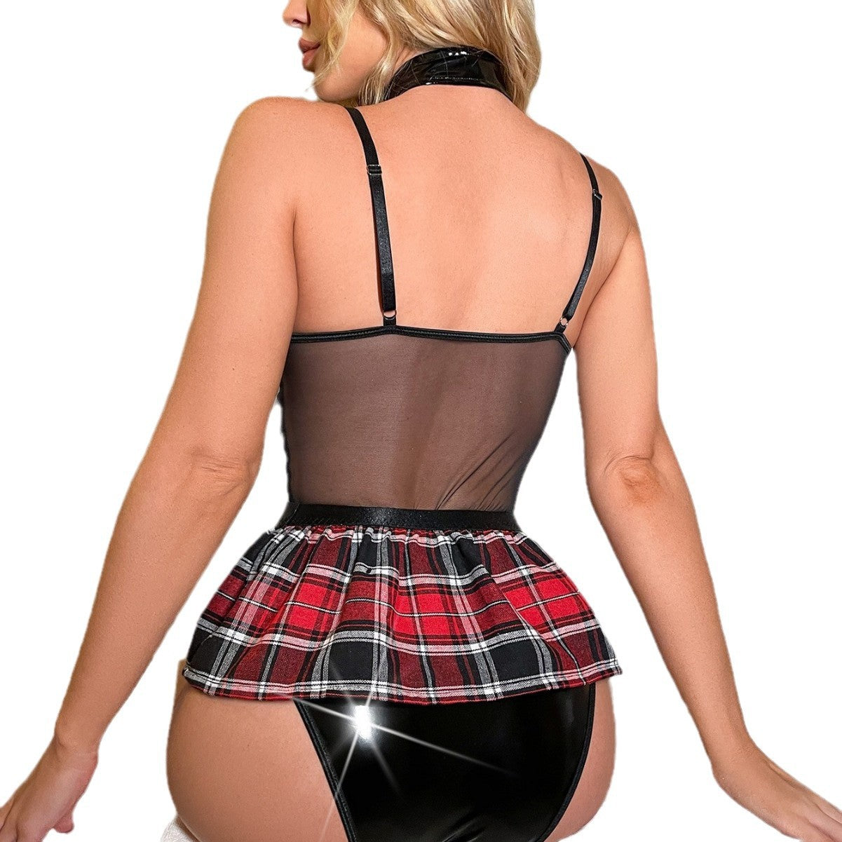 Sexy patent leather strap checkered jumpsuit lingerie, no take off uniform, small chest, pure desire to see through pajamas