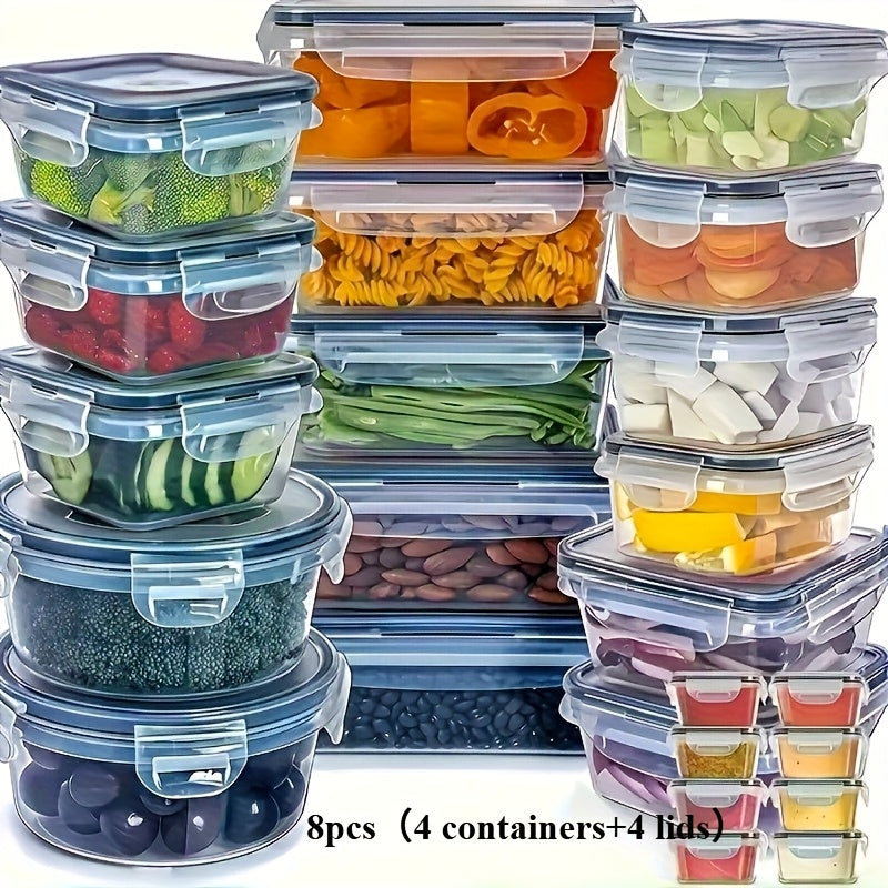 Heavy-Duty Airtight Food Storage Containers, 8pcs Set of 4 Containers + 4 Lids, Leakproof BPA-Free Dishwasher Safe, Stain-Resistant Easy-Clean Design, Stackable Space-Saving, For Meal Prep Bento Boxes Kitchen Pantry
