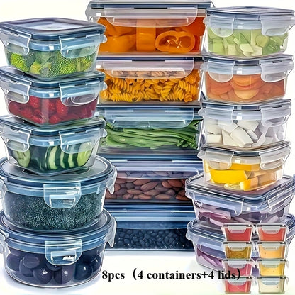 Heavy-Duty Airtight Food Storage Containers, 8pcs Set of 4 Containers + 4 Lids, Leakproof BPA-Free Dishwasher Safe, Stain-Resistant Easy-Clean Design, Stackable Space-Saving, For Meal Prep Bento Boxes Kitchen Pantry