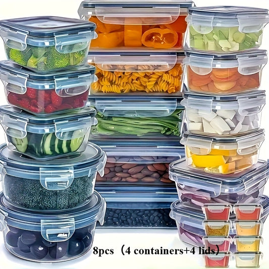Heavy-Duty Airtight Food Storage Containers, 8pcs Set of 4 Containers + 4 Lids, Leakproof BPA-Free Dishwasher Safe, Stain-Resistant Easy-Clean Design, Stackable Space-Saving, For Meal Prep Bento Boxes Kitchen Pantry