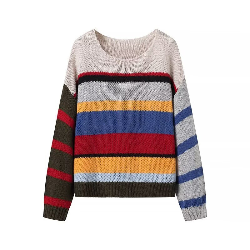 European and American style women's fashion temperament casual round neck long sleeved striped rainbow sweater