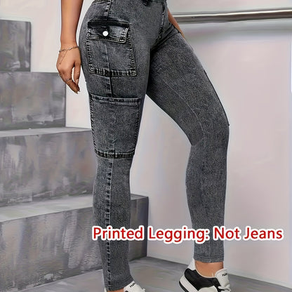【imitation denim】[imitation Faux Denim][Faux Denim Print/Imitation Faux Denim] Women'S Non-Cow Faux Denim-Like Leggings - Stretchy Skinny Pants with Elastic Waistband, All-Season Tight Fit for Casual, Formal, Everyday Out