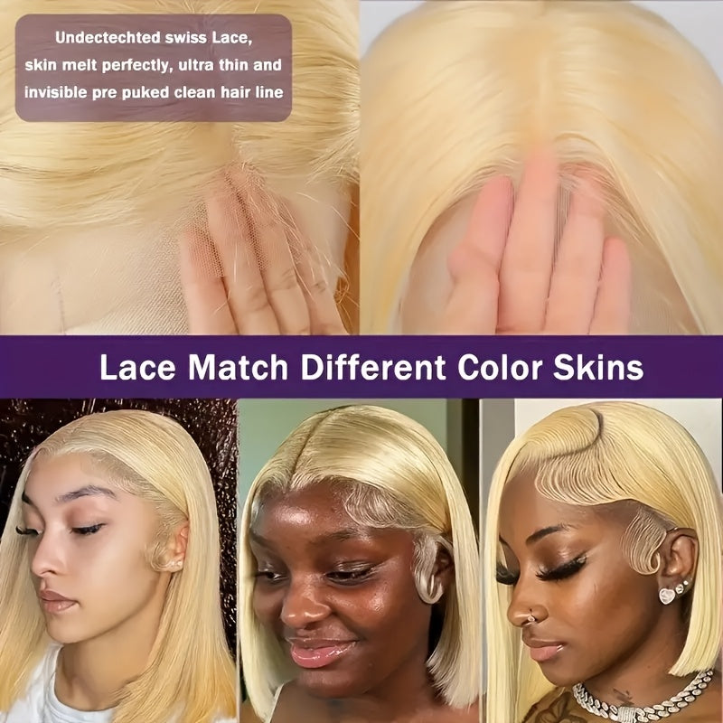 100% Human Hair Golden Blonde Short Bob Wig, 13x4 Lace Front, Breathable & Comfortable, Straight Style, 150% Density, Natural Look for Casual Attire, Natural Look Wig | Fashionable Wig | Breathable Lace Wig